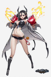Rule 34 | 1girl, bare shoulders, black eyes, black hair, boots, boxing gloves, bustier, chaos online, choker, cross-laced footwear, demon tail, earrings, full body, hair between eyes, heart, horns, jacket, jewelry, knee boots, long hair, midriff, navel, pointy ears, short shorts, shorts, smile, solo, tail, talton, tattoo