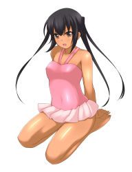 Rule 34 | 1girl, barefoot, black hair, brown eyes, casual one-piece swimsuit, fang, hevn, highres, k-on!, kneeling, long hair, nakano azusa, one-piece swimsuit, pink one-piece swimsuit, sitting, skirt, solo, swimsuit, tan, twintails, wariza
