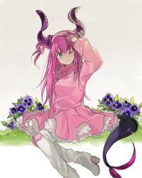 Rule 34 | 1girl, artist name, boots, closed mouth, commentary, dress, elizabeth bathory (fate), elizabeth bathory (fate/extra ccc), fate/grand order, fate (series), fingernails, flower, frilled dress, frills, green eyes, grey background, hair between eyes, hand up, head tilt, high heel boots, high heels, horn ornament, horns, long hair, long sleeves, looking at viewer, mochii, official alternate costume, one eye closed, pink dress, pink hair, sharp fingernails, signature, simple background, sitting, solo, tail, white footwear