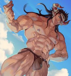 Rule 34 | 1boy, abs, black hair, blue sky, brown male underwear, bulge, closed mouth, cloud, cow horns, day, draph, dutch angle, eyepatch, from below, granblue fantasy, hand on own hip, horns, jockstrap, large pectorals, long hair, male focus, male underwear, manly, muscular, nipples, pectorals, reinhardtzar, rybiok, sky, smile, solo, underwear