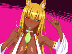 Rule 34 | 1girl, :&gt;=, animal ears, artist request, blonde hair, blush, breasts, choker, cigarette, condom, condom in mouth, dark-skinned female, dark skin, earrings, eyeshadow, fox ears, fox girl, jewelry, large breasts, looking at viewer, makeup, mouth hold, nail polish, necklace, piercing, ring, smoke, smoking, used condom, v, yellow eyes