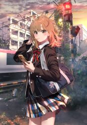Rule 34 | 1girl, ahoge, bag, bag charm, black jacket, blazer, blue bag, blush, boom barrier, brown eyes, brown hair, building, cellphone, charm (object), closed mouth, collared shirt, evening, hand in own hair, hand up, highres, holding, holding phone, house, isshiki iroha, jacket, long sleeves, looking at viewer, medium hair, neck ribbon, open clothes, open jacket, outdoors, overhead line, phone, plaid, plaid skirt, plant, pleated skirt, ponkan 8, power lines, railroad crossing, railroad signal, railroad tracks, red ribbon, ribbon, road, school bag, school uniform, shirt, shoulder bag, skirt, sky, smartphone, sobu high school uniform, solo, standing, utility pole, white shirt, yahari ore no seishun lovecome wa machigatteiru.