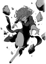 Rule 34 | &gt;:), 1girl, bare legs, curly hair, dress, floating, foreshortening, greyscale, impossible clothes, impossible dress, levitation, long sleeves, looking at viewer, monochrome, one-punch man, open mouth, psychic, riya (teezeit), rock, shoes, short hair, solo, tatsumaki, telekinesis, tsurime, wavy hair, white background