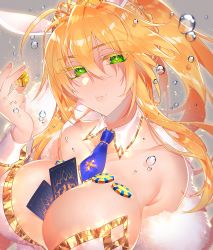 Rule 34 | 1girl, animal ears, artoria pendragon (all), artoria pendragon (fate), artoria pendragon (swimsuit ruler) (fate), bare shoulders, between breasts, blonde hair, breasts, card, card between breasts, cleavage, collarbone, colored eyelashes, crown, detached collar, dice, eyelashes, eyes visible through hair, fake animal ears, fate/grand order, fate (series), green eyes, grey background, hair between eyes, highres, huge breasts, leotard, lips, long hair, looking at viewer, naganegi, necktie, parted lips, playboy bunny, poker chip, rabbit ears, shawl, sidelocks, simple background, smile, solo, strapless, strapless leotard, water drop, white leotard, wrist cuffs