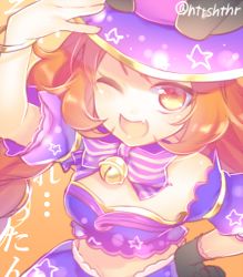 Rule 34 | 1girl, ;d, bad id, bad pixiv id, bell, bow, bracelet, brown hair, crop top, envy (otoca d&#039;or), envy (otoca doll), fang, gradient background, hat, hitohira (shiroringo48), jewelry, jingle bell, long hair, lowres, one eye closed, open mouth, orange eyes, otoca d&#039;or, purple bow, smile, solo, striped, striped bow, twitter username