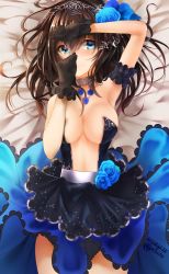 Rule 34 | 10s, 1girl, armpits, artist name, bare shoulders, black dress, black gloves, black hair, blue eyes, blue rose, blush, breasts, cleavage, dated, dress, flower, gloves, hair flower, hair ornament, highres, idolmaster, idolmaster cinderella girls, idolmaster cinderella girls starlight stage, jewelry, long hair, looking at viewer, lying, medium breasts, necklace, nekodayo22, on back, rose, sagisawa fumika, solo, tiara