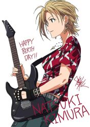 Rule 34 | 1girl, belt, black gloves, breasts, brown hair, character name, earrings, fingerless gloves, from side, gloves, green eyes, green pants, grey belt, guitar, happy birthday, holding, holding guitar, holding instrument, idolmaster, idolmaster cinderella girls, idolmaster cinderella girls starlight stage, instrument, jewelry, kimura natsuki, looking at another, medium breasts, multiple bracelets, necklace, pants, parted lips, playing guitar, red shirt, shirt, short hair, short sleeves, signature, simple background, single glove, smile, solo, studded bracelet, taku1122, white background