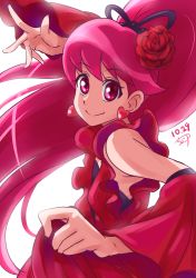 Rule 34 | 10s, 1girl, aino megumi, chocokin, cowboy shot, cure lovely, cure lovely (cherry flamenco), dancing, detached sleeves, dress, earrings, flower, frills, hair flower, hair ornament, happinesscharge precure!, heart, heart earrings, jewelry, long hair, magical girl, pink eyes, pink hair, ponytail, precure, red dress, red flower, red rose, rose, smile, solo, white background, wide ponytail
