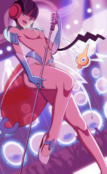 Rule 34 | 1girl, adapted costume, bad id, bad twitter id, black hair, breasts, creatures (company), elesa (pokemon), elesa (sygna suit) (pokemon), game freak, gen 4 pokemon, gloves, highres, looking at viewer, microphone, microphone stand, navel, nintendo, nipples, official alternate costume, open mouth, pokemon, pokemon (creature), pokemon masters ex, rotom, rotom (normal), smile, stage, stage lights, stomach, vivivoovoo
