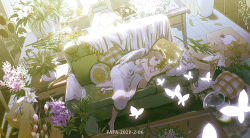 Rule 34 | 1girl, angel, angel wings, barefoot, blanket, blonde hair, bouquet, box, bug, butterfly, cardboard box, chinese commentary, commentary request, couch, cushion, dated, day, dress, fishbowl, flower, from above, glowing butterfly, grey eyes, halo, highres, indoors, insect, kimonogo, lily (flower), long hair, lying, on couch, on side, original, pink flower, pink tulip, plant, potted plant, scenery, shelf, sleeveless, sleeveless dress, solo, spaghetti strap, sundress, sunflower, table, tulip, white butterfly, white dress, wide shot, wings