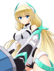 Rule 34 | 1girl, absurdres, angela balzac, blonde hair, blue eyes, breasts, commentary request, deva battle suit, elbow gloves, gloves, headgear, highleg, highleg leotard, highres, impossible clothes, impossible leotard, leotard, long bangs, long hair, looking at viewer, low twintails, medium breasts, nao suke, parted lips, rakuen tsuihou, solo, twintails