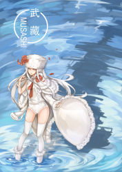 Rule 34 | 10s, 15k, 1girl, aoki hagane no arpeggio, boots, character name, coat, closed eyes, flower, fur-trimmed boots, fur boots, fur trim, hat, long hair, musashi (aoki hagane no arpeggio), necktie, personification, petals, rose, shirt, silhouette, silver hair, solo, suspenders, tdgsgl, thighhighs, very long hair, water, white footwear, white thighhighs