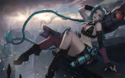Rule 34 | 1girl, absurdly long hair, ammunition, ammunition belt, arm strap, arm tattoo, asymmetrical gloves, bare shoulders, belt, belt buckle, bikini, bikini top only, blue hair, boots, braid, buckle, bullet, bullet necklace, city, elbow gloves, fingerless gloves, gloves, jewelry, jinx (league of legends), kim han seul, league of legends, lipstick, long hair, makeup, mismatched gloves, necklace, pink eyes, pink thighhighs, short shorts, shorts, single thighhigh, smile, solo, stomach tattoo, swimsuit, tattoo, thigh strap, thighhighs, twin braids, uneven gloves, very long hair, weapon