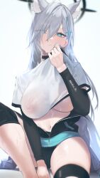 Rule 34 | 1girl, absurdres, animal ear fluff, animal ears, blue archive, blue eyes, breasts, clothes lift, covered erect nipples, grey hair, highres, jacket, kazane-wind, large areolae, large breasts, long hair, looking at viewer, open clothes, open jacket, see-through, shiroko (blue archive), shirt lift, sitting, wet, wolf ears