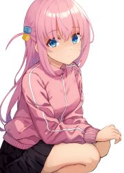 Rule 34 | 1girl, black skirt, blue eyes, bocchi the rock!, closed mouth, cube hair ornament, gotoh hitori, hair ornament, herfstijl, highres, jacket, long hair, long sleeves, looking at viewer, one side up, pink hair, pink jacket, pleated skirt, sidelocks, simple background, sitting, skirt, solo, sweatdrop, track jacket, white background