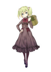 Rule 34 | 1girl, alternate costume, black pantyhose, bow, bucket, dress, full body, green eyes, green hair, hair bobbles, hair ornament, hand on own hip, highres, kisume, mary janes, matching hair/eyes, nanabuluku, pantyhose, shoes, short hair, short twintails, simple background, smile, solo, touhou, twintails, white background