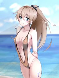 Rule 34 | 1girl, absurdres, alternate costume, blue eyes, breasts, brown hair, brown one-piece swimsuit, highres, honma (honmatomohiro), kantai collection, kumano (kancolle), long hair, navel, one-piece swimsuit, ponytail, slingshot swimsuit, small breasts, smile, solo, swimsuit
