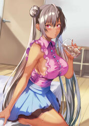 Rule 34 | 1girl, absurdres, bikini tan, blue skirt, blurry, blurry background, blush, breasts, brown hair, commentary request, cup, disposable cup, door, double bun, dress shirt, drinking, drinking straw, hair between eyes, hair bun, hand up, highres, holding, holding cup, indoors, large breasts, layered skirt, long hair, looking at viewer, on bed, original, pink eyes, pink shirt, shirt, sideboob, sitting, skirt, sleeveless, sleeveless shirt, solo, sweat, tan, tanline, uchida shou, very long hair