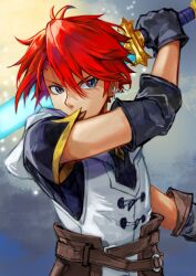 Rule 34 | 1boy, adol christin, black gloves, blue eyes, curtained hair, falcom, gloves, hair between eyes, highres, holding, holding sword, holding weapon, hood, hood down, hoodie, looking at viewer, red hair, short sleeves, signature, solo, swept bangs, sword, upper body, weapon, yora, ys, ys x nordics