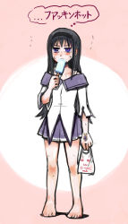 Rule 34 | ..., 10s, 1girl, akemi homura, bag, bare legs, barefoot, black hair, blush, bra strap, eating, food, full body, gem, hairband, holding, holding bag, holding food, kyubey, legs apart, long hair, looking at viewer, magical girl, mahou shoujo madoka magica, mahou shoujo madoka magica (anime), mahou shoujo madoka magica movie 1 &amp; 2, no legwear, off shoulder, pink background, plastic bag, pleated skirt, popsicle, purple eyes, silverxp, simple background, skirt, sleeves past elbows, soul gem, standing, sweat, thinking, thought bubble