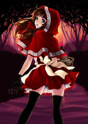 Rule 34 | 1girl, back, basket, blue eyes, brown hair, forest, gloves, grimm&#039;s fairy tales, highres, hood, kunishige keiichi, lips, little red riding hood, little red riding hood (grimm), long hair, looking back, nature, skirt, solo, sunset, thighhighs
