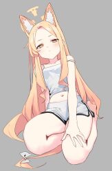Rule 34 | 1girl, alternate costume, animal ears, blonde hair, blue archive, blush, camisole, corrupted twitter file, crop top, dolphin shorts, extra ears, forehead, fox ears, grey background, grey camisole, grey shorts, halo, highres, looking at viewer, navel, parted bangs, seia (blue archive), shorts, simple background, solo, syhan