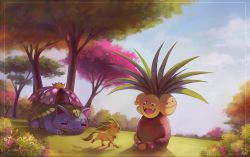 Rule 34 | :d, ^ ^, artist name, blue sky, cherry blossoms, claws, closed eyes, closed mouth, creatures (company), day, exeggutor, fangs, field, flower, full body, game freak, gen 1 pokemon, gen 4 pokemon, grass, highres, kori (154376), leaf, leafeon, lying, nintendo, no humans, on stomach, open mouth, outdoors, plant, pointy ears, pokemon, pokemon (creature), shade, shadow, signature, sitting, sky, sleeping, smile, smirk, teeth, venusaur, watermark, web address