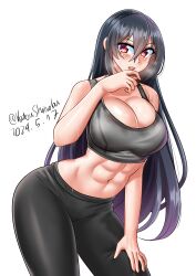 Rule 34 | 1girl, abs, absurdres, alternate costume, black hair, black pants, breasts, cleavage, dated, grey sports bra, hair between eyes, highres, kantai collection, katou shinobu, large breasts, long hair, midriff, nagato (kancolle), one-hour drawing challenge, pants, red eyes, simple background, solo, sports bra, twitter username, white background, yoga pants