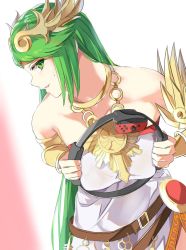 Rule 34 | 1girl, bare shoulders, breasts squeezed together, breasts, dress, female focus, green eyes, green hair, hair ornament, highres, jewelry, kid icarus, large breasts, long hair, looking at viewer, matching hair/eyes, naughty face, nintendo, open mouth, palutena, ring-con, smile, solo, sweat, tomas (kaosu22), very long hair, white dress