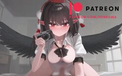 1boy 1girl animated audible_speech bird_wings black_hair black_wings blackmail blinking blush breasts breasts_out camera clothed_sex cowgirl_position cum cum_in_pussy cum_overflow ejaculation evil_smile female geta girl_on_top hat henkawa hetero highres holding holding_camera huge_breasts indoors interior japanese_audio large_breasts live2d looking_at_viewer moaning mountain_of_faith nipples open_mouth penis pov pussy red_eyes red_hat riding sex shameimaru_aya shirt short_hair smile solo solo_focus sound spread_legs straddling subtitled sweat tagme taking_picture tengu-geta thighs threat tokin_hat touhou vaginal video white_shirt wings