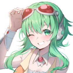 Rule 34 | 1girl, adjusting goggles, arm up, bare arms, bare shoulders, blush, collar, commentary, detached collar, english commentary, fingernails, goggles, goggles on head, green eyes, grey hair, grey headphones, grin, gumi, headphones, highres, murumuru (pixiv51689952), one eye closed, orange vest, portrait, red goggles, short hair with long locks, sidelocks, simple background, smile, solo, vest, vocaloid, white background, white collar, white wrist cuffs, wing collar, wrist cuffs