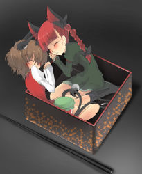 Rule 34 | 2girls, animal ears, bow, box, braid, brown hair, cat ears, cat girl, cat tail, chen, closed eyes, extra ears, female focus, hair ribbon, in box, in container, kaenbyou rin, multiple girls, multiple tails, noi (noi 2y), red hair, ribbon, short hair, sleeping, socks, tail, touhou, twin braids