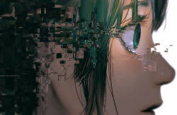 Rule 34 | 1girl, close-up, commentary request, diao (sen zoku), eyelashes, from side, glitch, green eyes, green hair, lips, looking afar, nose, original, portrait, profile, simple background, solo, white background, wide-eyed