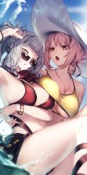 Rule 34 | 2girls, arm under breasts, arm up, asymmetrical docking, bikini, blue nails, blue sky, blush, bracelet, braid, breast press, breasts, carmilla (fate), carmilla (summertime mistress) (fate), cleavage, cloud, curly hair, day, fate/grand order, fate (series), fingernails, florence nightingale (chaldea lifesavers) (fate), florence nightingale (fate), genyaky, hair ribbon, hat, highres, horns, jewelry, large breasts, long fingernails, long hair, looking at another, looking over eyewear, looking over glasses, multiple girls, nail polish, navel, necklace, one eye closed, open mouth, outdoors, pink hair, ponytail, red bikini, red eyes, ribbon, sidelocks, silver hair, single braid, sitting, sky, sun hat, sunglasses, swimsuit, thighs, tinted eyewear, very long hair, white headwear, wide hips, yellow bikini, yellow eyes