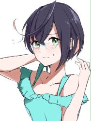 Rule 34 | 10s, 1girl, ahoge, alternate costume, arm behind head, bad id, bad twitter id, bare shoulders, blue-framed eyewear, brown hair, collarbone, glasses, green eyes, kantai collection, looking at viewer, morinaga miki, multicolored hair, okinami (kancolle), pink hair, short hair, simple background, solo, swimsuit, upper body, white background