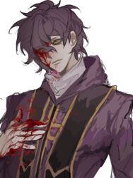 Rule 34 | 1boy, blood, blood on clothes, blood on face, blood on hands, chinese commentary, closed mouth, commentary request, hand on own chest, highres, hood, hood down, hoodie, long sleeves, male focus, paomian chi jiaozi, purple hoodie, saibou shinkyoku, shirt, short hair, simple background, sketch, solo, stole, upper body, utsugi noriyuki, white background, white shirt, yellow eyes