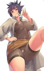 Rule 34 | 1girl, absurdres, black hair, blush, breasts, brown eyes, coat, commentary request, covered erect nipples, eating, fishnets, food, forehead protector, hand on own hip, headband, highres, large breasts, leg up, licking lips, looking at viewer, minakami (flyingman555), mitarashi anko, nail polish, naruto, naruto (series), ninja, nipples, no bra, open clothes, ponytail, pussy, see-through, shiny clothes, short hair, solo, standing, tongue, tongue out, uncensored
