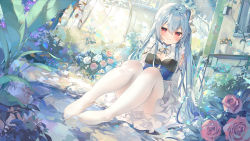 Rule 34 | 1girl, absurdres, blue hair, blue nails, blush, bow, braid, breasts, character request, chen bin, closed mouth, copyright request, flower, hair between eyes, hair bow, highres, long hair, looking at viewer, nail polish, no shoes, pantyhose, plant, red eyes, ribbon, sitting, skirt, small breasts, smile, solo, straight hair, water, white pantyhose