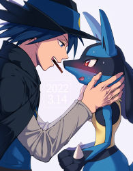 Rule 34 | 2boys, animal ears, animal hands, black cape, black fur, black headwear, blue eyes, blue fur, blue hair, blue shirt, blush, body fur, cape, chocolate, creatures (company), dated, embarrassed, eye contact, fang, from side, furry, furry male, furry with non-furry, game freak, gen 4 pokemon, grey background, grey sleeves, half-closed eyes, hands on another&#039;s cheeks, hands up, hat, highres, interspecies, long sleeves, looking at another, lucario, maki (letusgomaki), male focus, mouth hold, multicolored fur, multiple boys, nervous, nintendo, open mouth, pokemon, pokemon: lucario and the mystery of mew, pokemon (anime), pokemon (creature), pokemon rse (anime), profile, raglan sleeves, red eyes, shirt, short hair, sideways mouth, simple background, sir aaron, snout, spiked hair, spikes, standing, sweat, tail, teeth, teeth hold, upper body, wavy mouth, wolf boy, wolf ears, yaoi, yellow fur