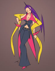 Rule 34 | 1990s (style), 1girl, alternate costume, bare shoulders, breasts, capcom, cleavage, eyeshadow, flat color, formal, hagoromo, hair slicked back, hand on own hip, high heels, hip focus, large breasts, lipstick, long hair, makeup, narrow waist, navel, pinstripe pattern, pinstripe suit, purple hair, retro artstyle, rose (street fighter), scarf, shawl, shoes, signature, single hair intake, solo, street fighter, street fighter zero (series), striped, suit, tongman, wide hips, wing collar, wrist cuffs
