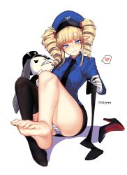 Rule 34 | 1girl, black footwear, black necktie, black skirt, black thighhighs, blonde hair, blue eyes, blue hat, blue shirt, blush, character request, collared shirt, drill hair, dungeon and fighter, ear piercing, feet, foot focus, full body, gloves, hat, heart, high heels, highres, holding, holding clothes, holding legwear, korean text, long sleeves, looking at viewer, mendou kusai, necktie, panties, parted lips, peaked cap, piercing, pinup (style), pointy ears, red soles, shadow, shirt, shoes, single shoe, single thighhigh, sitting, skirt, solo, spoken heart, striped clothes, striped panties, stuffed animal, stuffed rabbit, stuffed toy, thighhighs, toenails, toes, translation request, twin drills, twintails, underwear, unworn shoes, unworn thighhighs, white background, white gloves