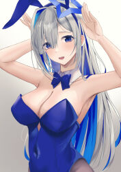 Rule 34 | 1girl, alternate breast size, amane kanata, animal ears, blue bow, blue eyes, blue hair, blue leotard, bow, breasts, cleavage, colored inner hair, commentary, covered navel, detached collar, gradient background, grey hair, hair intakes, halo, haro art, highres, hololive, large breasts, leotard, long hair, looking at viewer, multicolored hair, nontraditional playboy bunny, open mouth, pantyhose, playboy bunny, rabbit ears, rabbit pose, solo, star halo, teeth, tongue, virtual youtuber