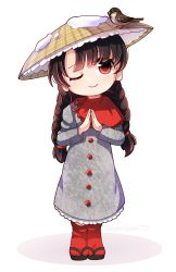 Rule 34 | 1girl, ;), ajirogasa, animal, animal on head, artist name, bird, bird on head, blunt bangs, blush, braid, brown hair, capelet, chibi, dress, dungeon toaster, full body, grey dress, hat, highres, long hair, long sleeves, looking up, on head, one eye closed, own hands together, red capelet, red eyes, red legwear, simple background, smile, snow, solo, standing, touhou, twin braids, very long hair, white background, yatadera narumi