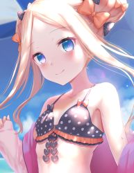 Rule 34 | 1girl, abigail williams (fate), bare shoulders, bikini, black bikini, black bow, blonde hair, blue eyes, blue sky, blurry, blurry background, blush, bow, breasts, closed mouth, collarbone, day, depth of field, double bun, fate/grand order, fate (series), fingernails, forehead, hair bow, hair bun, hands up, highres, jacket, kachayori, long hair, long sleeves, off shoulder, open clothes, open jacket, orange bow, outdoors, parted bangs, pinching sleeves, pink jacket, polka dot, polka dot bikini, polka dot bow, sky, sleeves past wrists, small breasts, smile, solo, swimsuit, upper body, very long hair