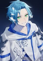 Rule 34 | 1boy, armor, black background, blue hair, blue necktie, gradient background, green eyes, grey shirt, highres, holostars, holostars english, hood, hood down, hooded jacket, jacket, layered sleeves, long sleeves, male focus, necktie, parted bangs, parted lips, regis altare, shards, shirt, short hair, short over long sleeves, short sleeves, shoulder armor, smile, solo, upper body, virtual youtuber, wenz, white jacket