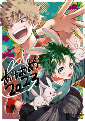 Rule 34 | &gt; &lt;, 2023, 2boys, :d, abstract background, absurdres, alternate costume, animal, animal ears, animal on shoulder, bakugou katsuki, blonde hair, boku no hero academia, border, bright pupils, carrying, carrying under arm, cross-laced footwear, drop shadow, eyebrows hidden by hair, falling petals, floating clothes, floating hair, floral background, freckles, from above, green eyes, green hair, green kimono, hakama, hakama skirt, hand on animal, hand up, hands up, happy new year, highres, holding, holding animal, japanese clothes, kanoko (pattern), kemonomimi mode, kikumon, kimono, leaf, leg up, looking at viewer, looking up, male focus, midoriya izuku, multiple boys, new year, open hand, open mouth, orange kimono, outline, outside border, outstretched arm, outstretched hand, petals, pinstripe pattern, pinstripe skirt, pixiv id, pixiv logo, projected inset, rabbit, rabbit boy, rabbit ears, red eyes, red footwear, running, sanpaku, shoes, short eyebrows, skirt, smile, sneakers, spiked hair, striped, twitter logo, twitter username, ume (326310), upper body, v-shaped eyebrows, white border, white outline, white pupils, wide sleeves