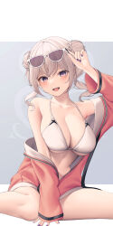Rule 34 | 1girl, absurdres, bikini, blush, braid, breasts, collarbone, commentary, double bun, english commentary, eyewear on head, fingernails, grey background, grey hair, hair bun, highres, jacket, large breasts, long sleeves, looking at viewer, nail polish, open mouth, original, purple eyes, purple nails, red jacket, shirafuji ene, sitting, smile, solo, sunglasses, swimsuit, teeth, thighs, two-tone background, upper teeth only, white background, white bikini