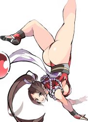 Rule 34 | 1girl, absurdres, ass, backflip, breasts, enpe, fatal fury, female focus, high ponytail, highres, large breasts, long hair, ninja, ponytail, revealing clothes, shiranui mai, simple background, snk, solo, the king of fighters, thong, white background