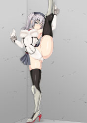 Rule 34 | 10s, 1girl, absurdres, adapted costume, bare shoulders, beret, black thighhighs, blush, breasts, covered navel, elbow gloves, flexible, fuuki (misty wind), gloves, grey eyes, hat, highleg, highres, kantai collection, kashima (kancolle), large breasts, leg up, leotard, looking at viewer, silver hair, solo, split, standing, standing on one leg, taimanin suit, thighhighs, tsurime, twintails, wavy hair