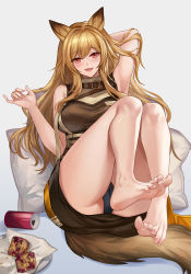 Rule 34 | 1girl, animal ears, arknights, baggy clothes, bare legs, bare shoulders, barefoot, black panties, blonde hair, ceobe (arknights), dog ears, dog girl, dog tail, feet, food, highres, jacket, kacyu, long hair, looking at viewer, multicolored clothes, multicolored jacket, open mouth, panties, red eyes, soles, spread toes, tail, toes, underwear